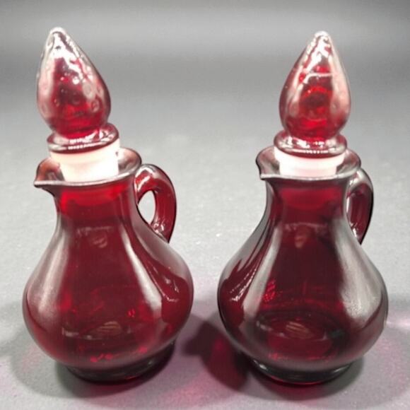 Vintage Avon Ruby Red Glass Pitcher Bottles Strawberry Bath Foam  5.5”  Empty - Picture 3 of 9